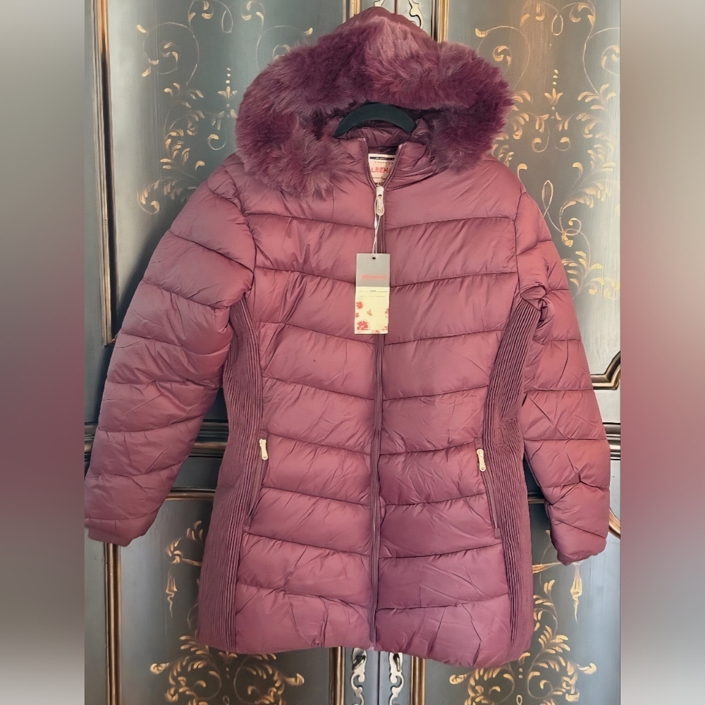 Women's Purple Puffer Jacket with Faux Fur Hood